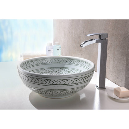 ANZZI Cadence Series 16" x 16" Round White and Black Floral Deco-Glass Vessel Sink With Polished Chrome Pop-Up Drain