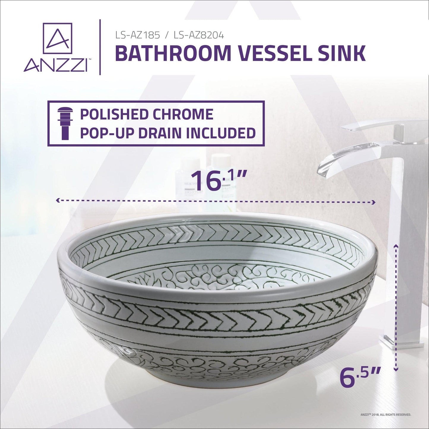 ANZZI Cadence Series 16" x 16" Round White and Black Floral Deco-Glass Vessel Sink With Polished Chrome Pop-Up Drain