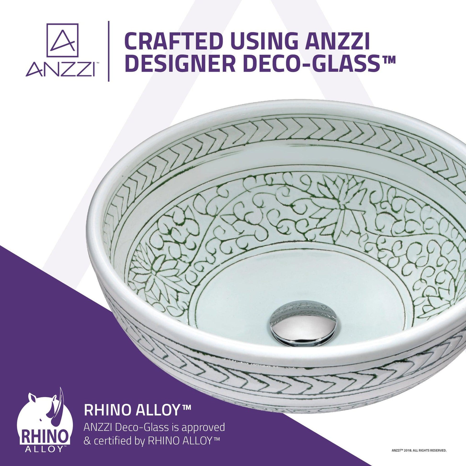 ANZZI Cadence Series 16" x 16" Round White and Black Floral Deco-Glass Vessel Sink With Polished Chrome Pop-Up Drain