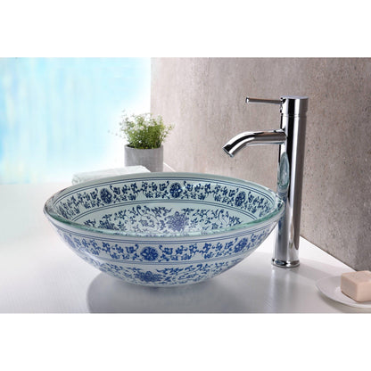 ANZZI Cadence Series 16" x 16" Round White and Blue Floral Deco-Glass Vessel Sink With Polished Chrome Pop-Up Drain