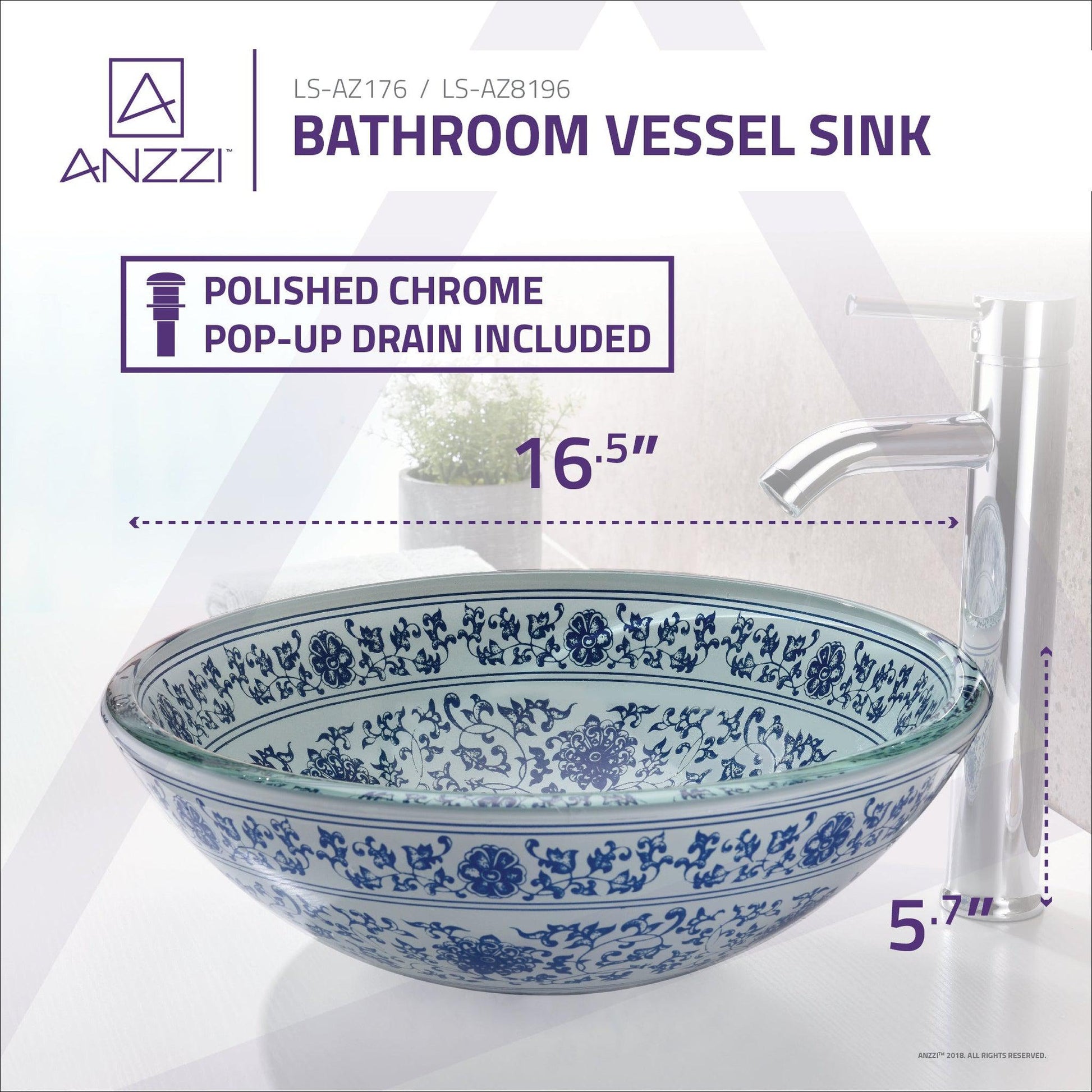 ANZZI Cadence Series 16" x 16" Round White and Blue Floral Deco-Glass Vessel Sink With Polished Chrome Pop-Up Drain