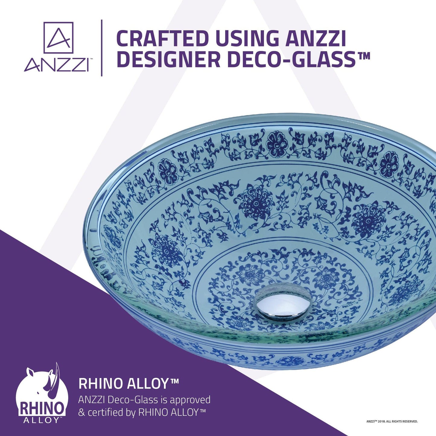 ANZZI Cadence Series 16" x 16" Round White and Blue Floral Deco-Glass Vessel Sink With Polished Chrome Pop-Up Drain