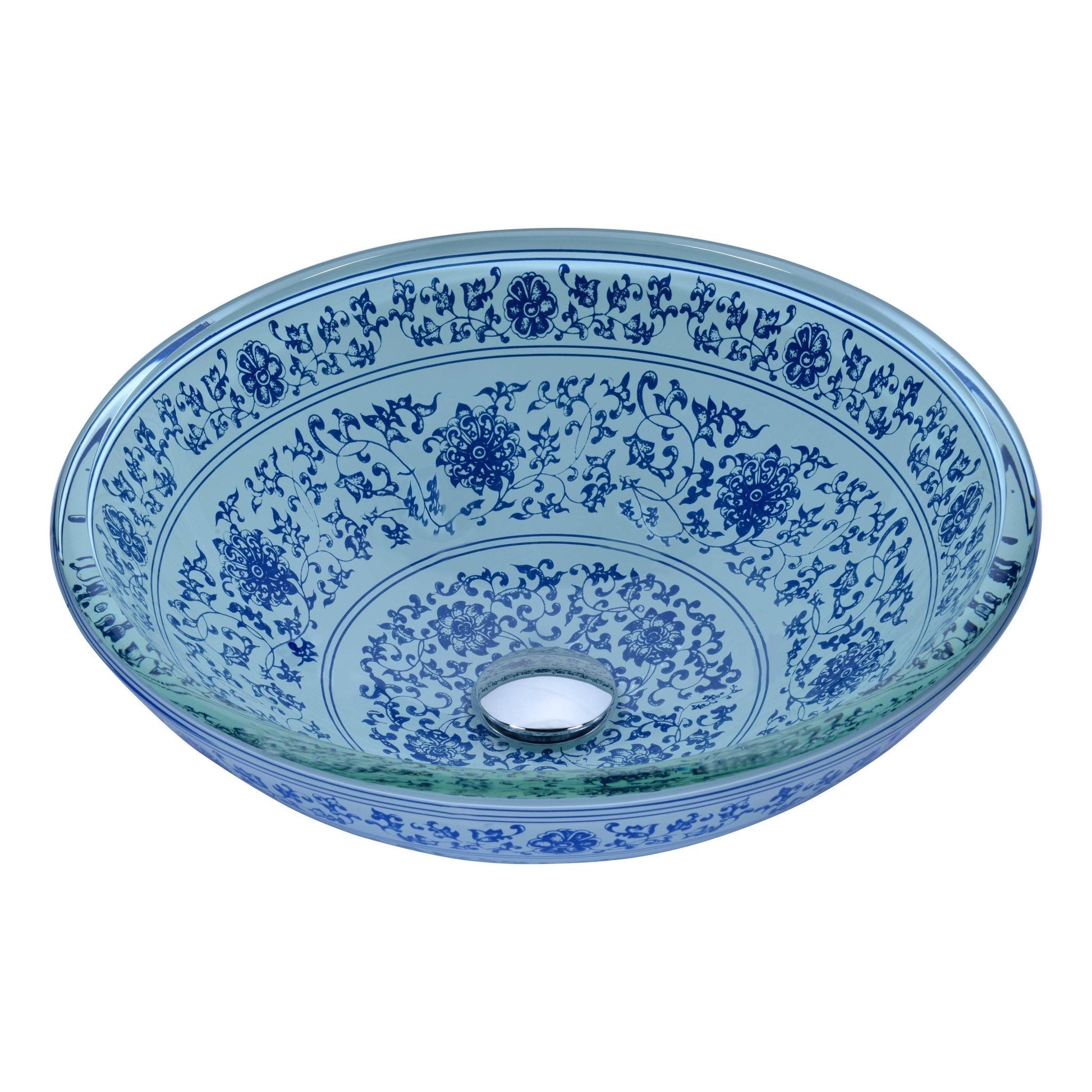 ANZZI Cadence Series 16" x 16" Round White and Blue Floral Deco-Glass Vessel Sink With Polished Chrome Pop-Up Drain