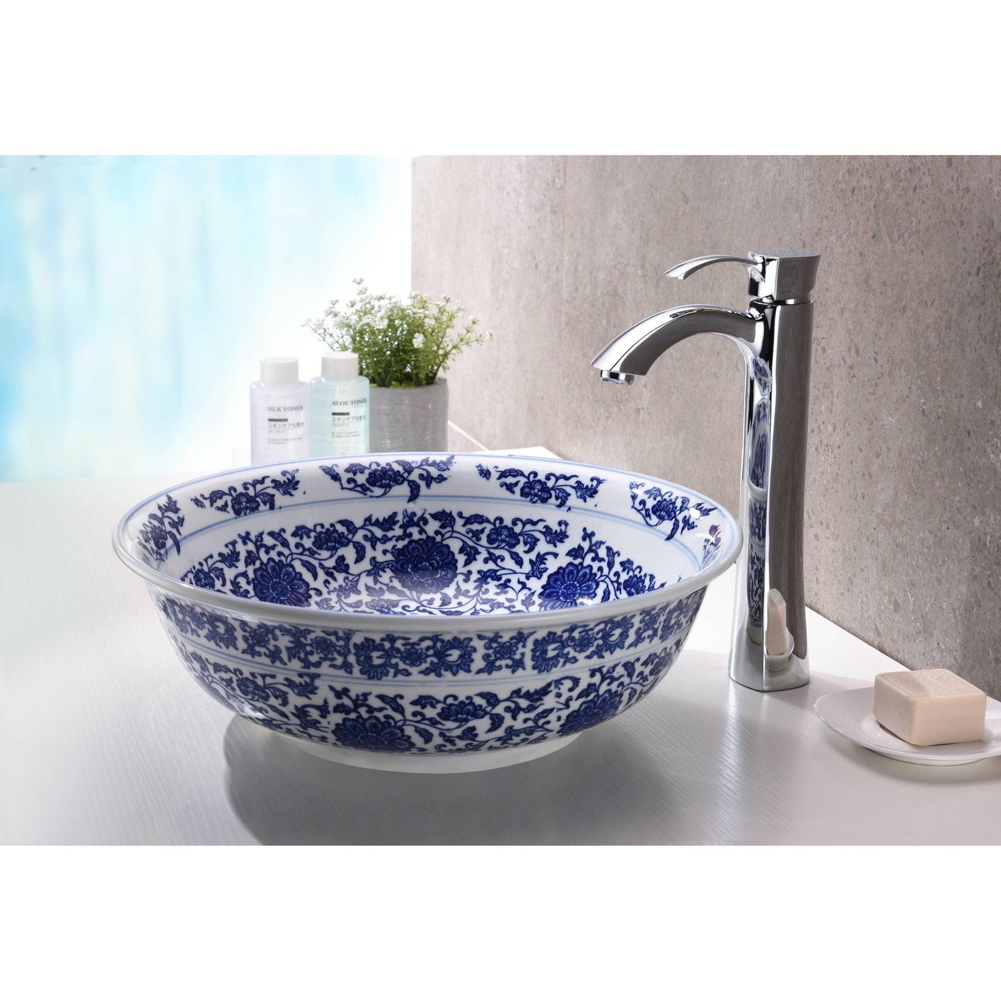 ANZZI Cadence Series 16" x 16" Round White and Dark Blue Floral Deco-Glass Vessel Sink With Polished Chrome Pop-Up Drain