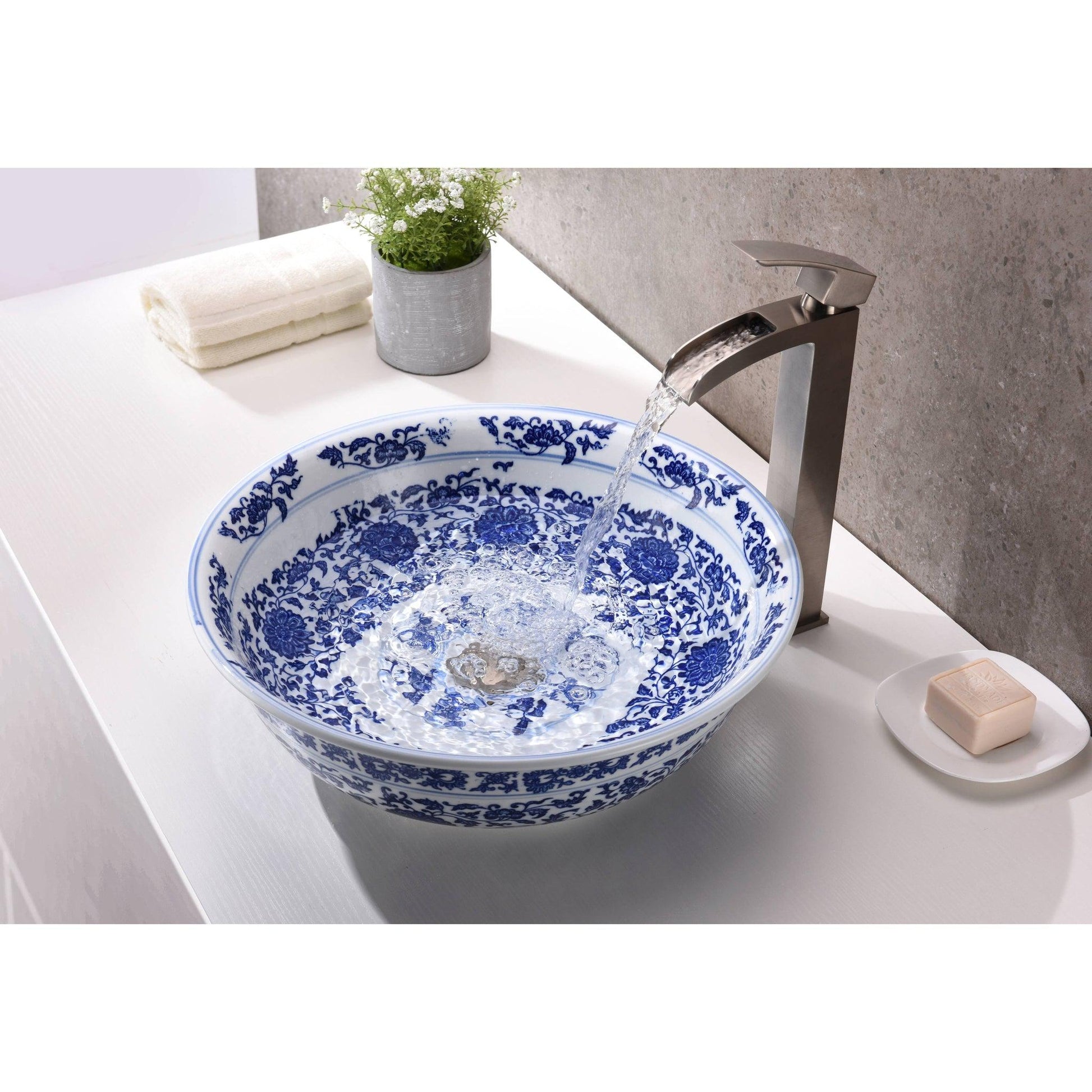 ANZZI Cadence Series 16" x 16" Round White and Dark Blue Floral Deco-Glass Vessel Sink With Polished Chrome Pop-Up Drain