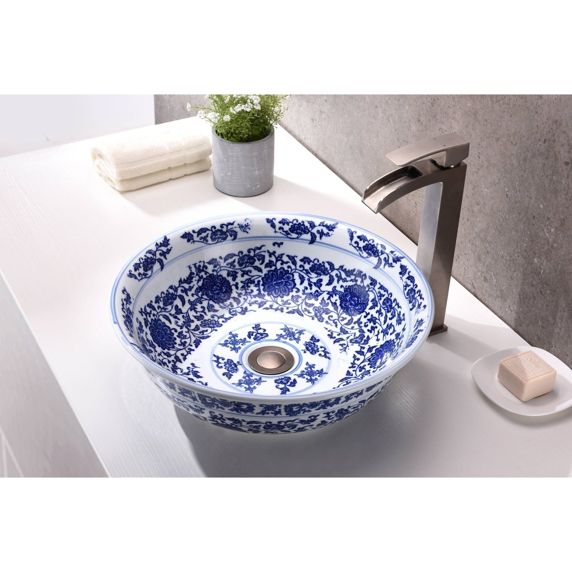 ANZZI Cadence Series 16" x 16" Round White and Dark Blue Floral Deco-Glass Vessel Sink With Polished Chrome Pop-Up Drain