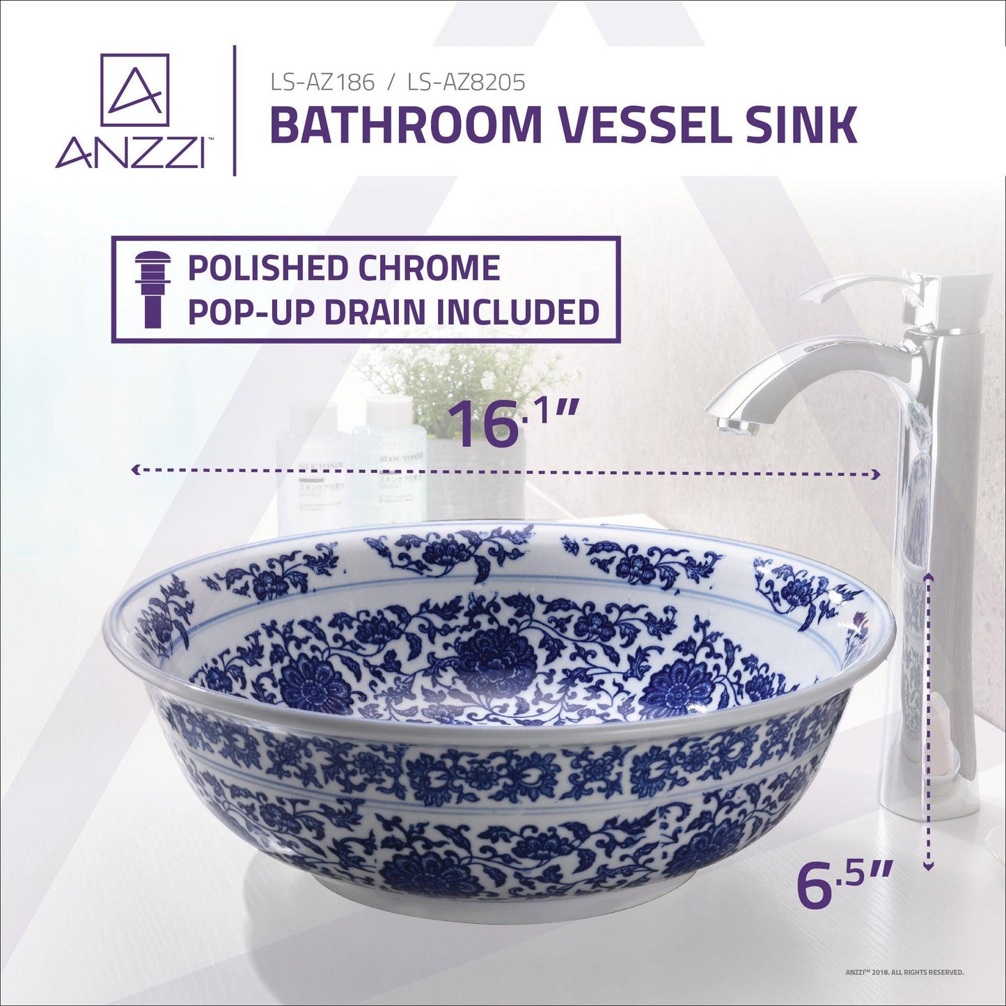 ANZZI Cadence Series 16" x 16" Round White and Dark Blue Floral Deco-Glass Vessel Sink With Polished Chrome Pop-Up Drain