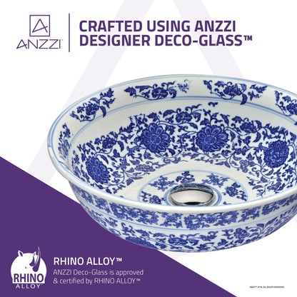 ANZZI Cadence Series 16" x 16" Round White and Dark Blue Floral Deco-Glass Vessel Sink With Polished Chrome Pop-Up Drain