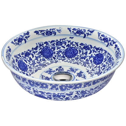 ANZZI Cadence Series 16" x 16" Round White and Dark Blue Floral Deco-Glass Vessel Sink With Polished Chrome Pop-Up Drain