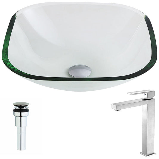 ANZZI Cadenza Series 17" x 17" Square Shape Lustrous Clear Deco-Glass Vessel Sink With Chrome Pop-Up Drain and Brushed Nickel Enti Faucet
