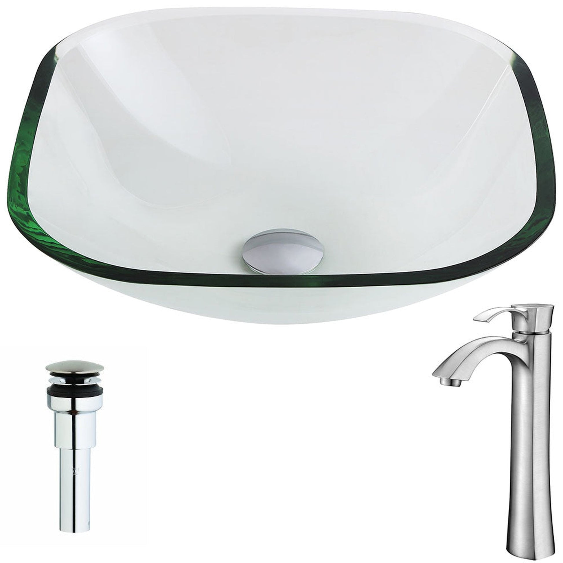 ANZZI Cadenza Series 17" x 17" Square Shape Lustrous Clear Deco-Glass Vessel Sink With Chrome Pop-Up Drain and Brushed Nickel Harmony Faucet