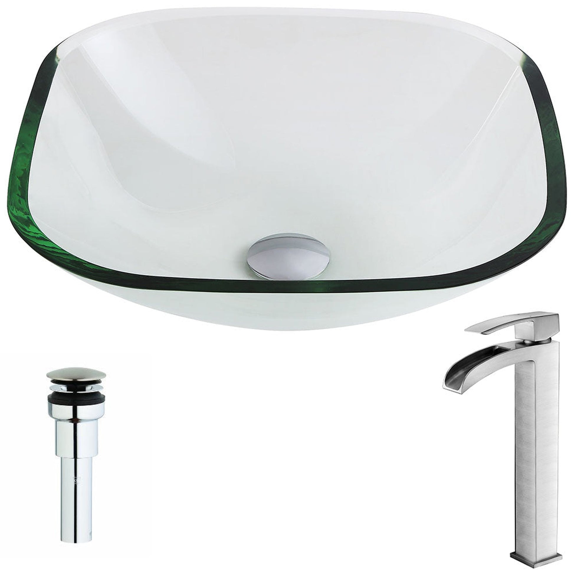ANZZI Cadenza Series 17" x 17" Square Shape Lustrous Clear Deco-Glass Vessel Sink With Chrome Pop-Up Drain and Brushed Nickel Key Faucet