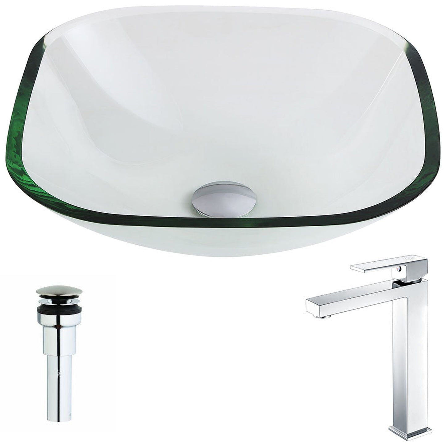 ANZZI Cadenza Series 17" x 17" Square Shape Lustrous Clear Deco-Glass Vessel Sink With Chrome Pop-Up Drain and Enti Faucet