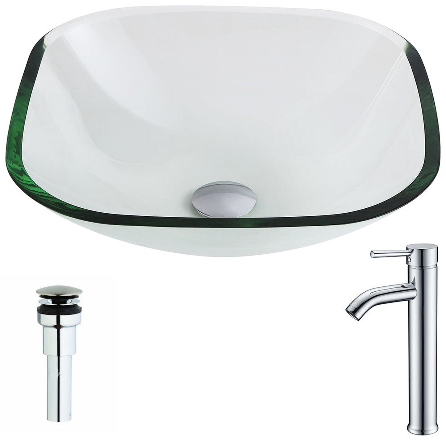 ANZZI Cadenza Series 17" x 17" Square Shape Lustrous Clear Deco-Glass Vessel Sink With Chrome Pop-Up Drain and Fann Faucet