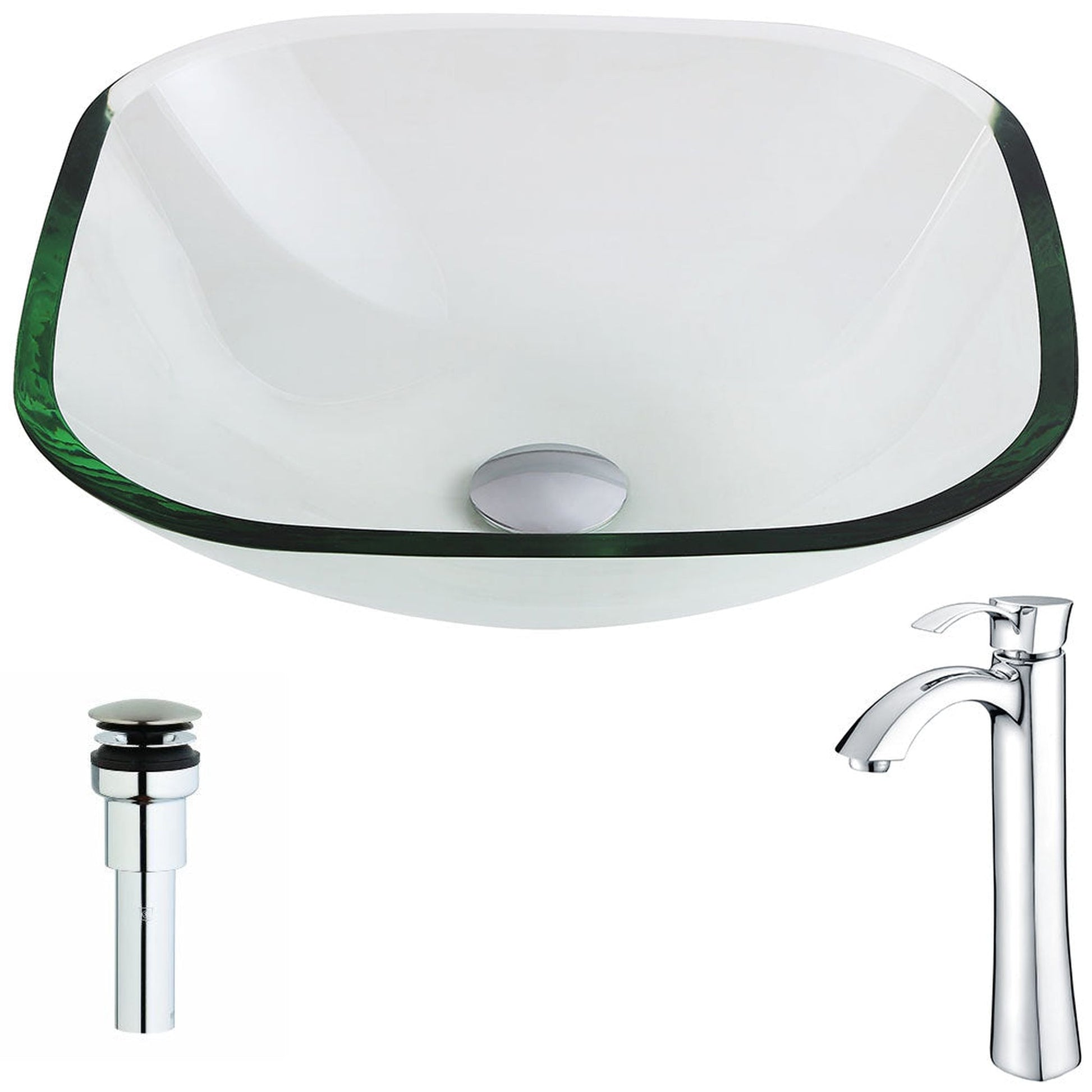 ANZZI Cadenza Series 17" x 17" Square Shape Lustrous Clear Deco-Glass Vessel Sink With Chrome Pop-Up Drain and Harmony Faucet