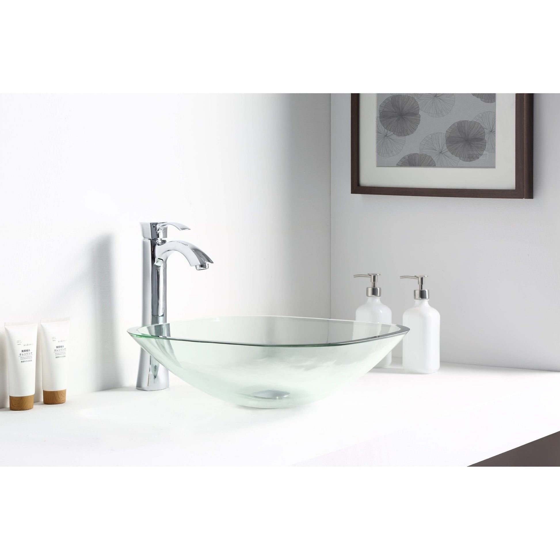 ANZZI Cadenza Series 17" x 17" Square Shape Lustrous Clear Deco-Glass Vessel Sink With Polished Chrome Pop-Up Drain