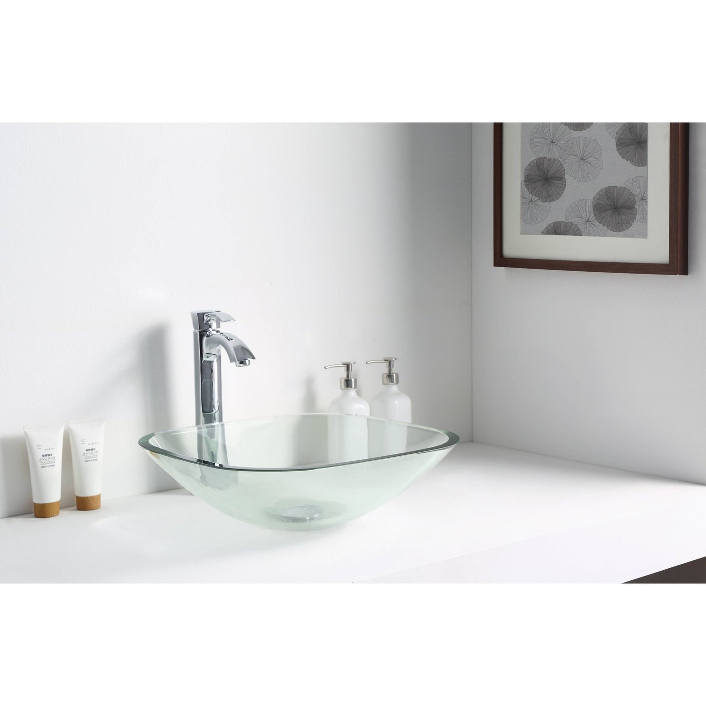 ANZZI Cadenza Series 17" x 17" Square Shape Lustrous Clear Deco-Glass Vessel Sink With Polished Chrome Pop-Up Drain