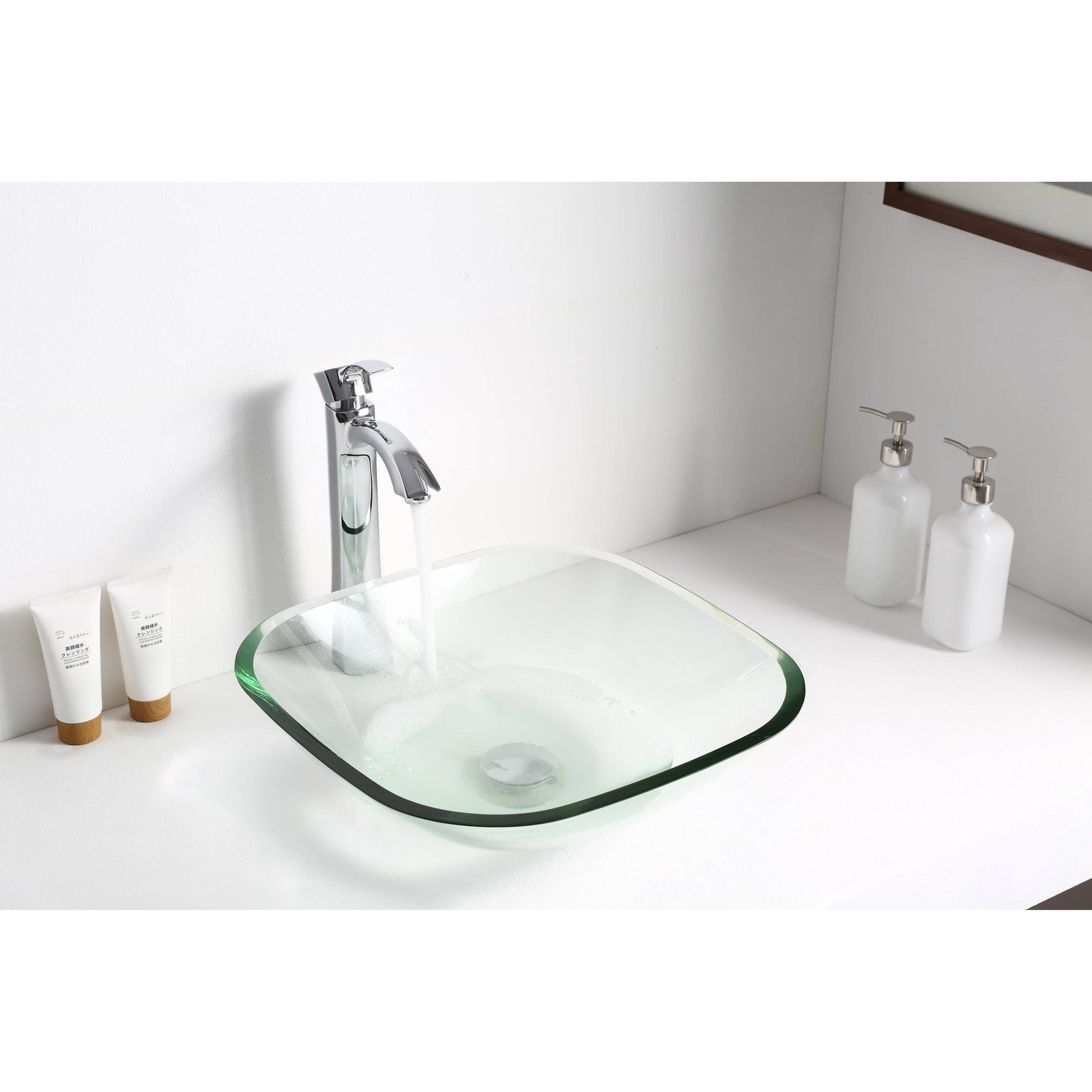 ANZZI Cadenza Series 17" x 17" Square Shape Lustrous Clear Deco-Glass Vessel Sink With Polished Chrome Pop-Up Drain