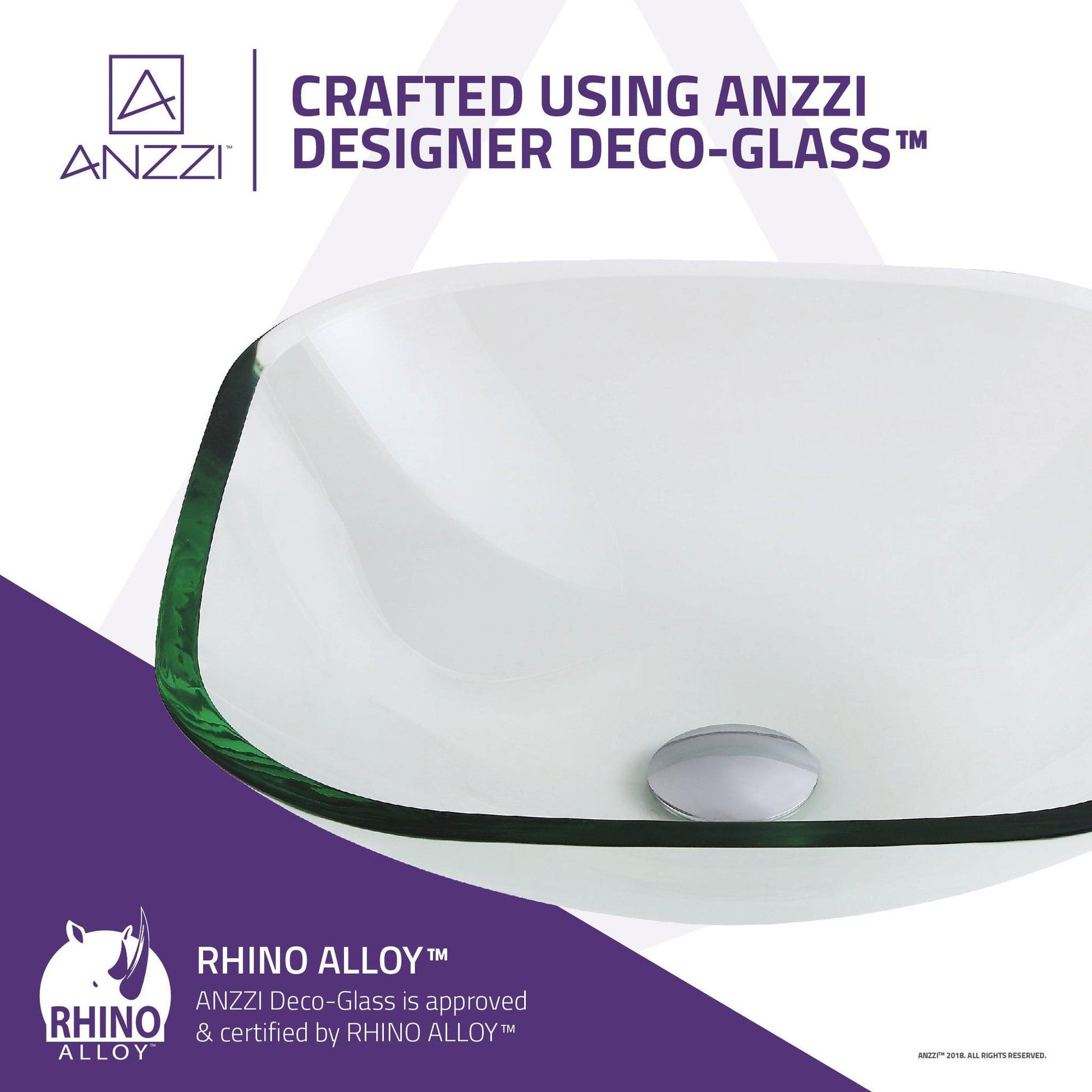 ANZZI Cadenza Series 17" x 17" Square Shape Lustrous Clear Deco-Glass Vessel Sink With Polished Chrome Pop-Up Drain