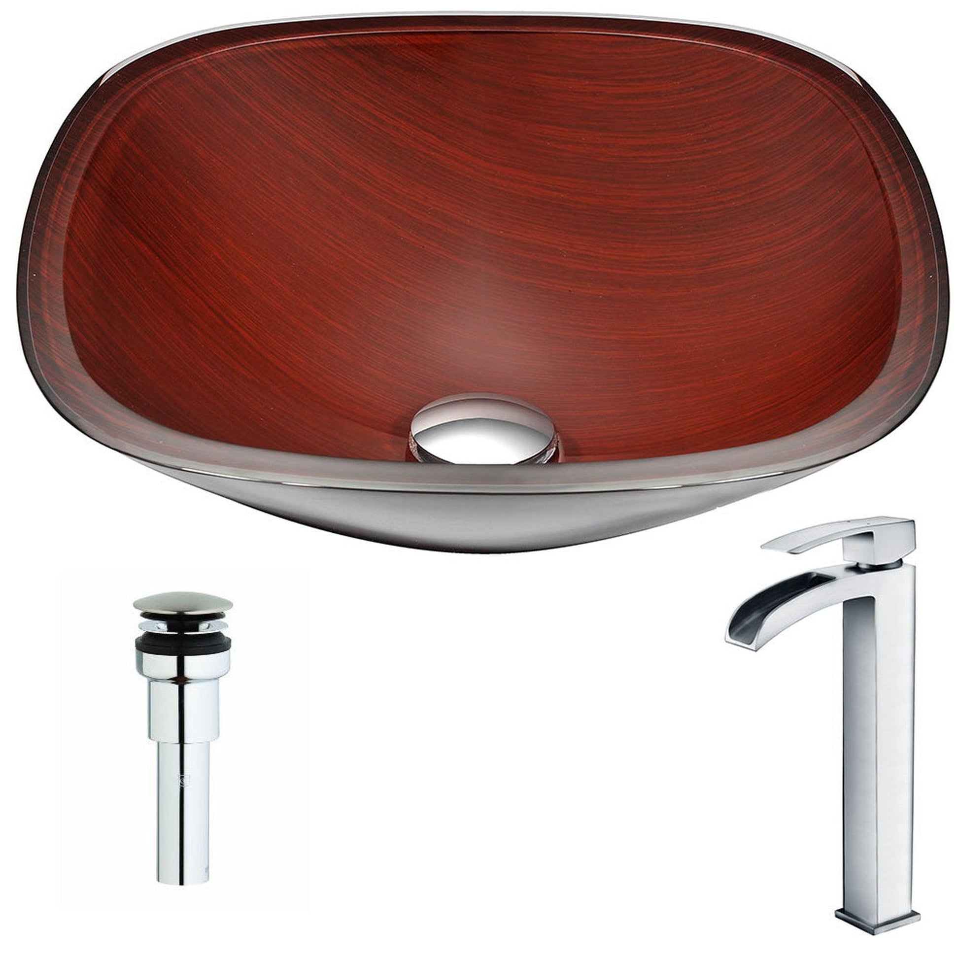 ANZZI Cansa Series 16" x 16" Square Shape Rich Timber Deco-Glass Vessel Sink With Chrome Pop-Up Drain and Key Faucet