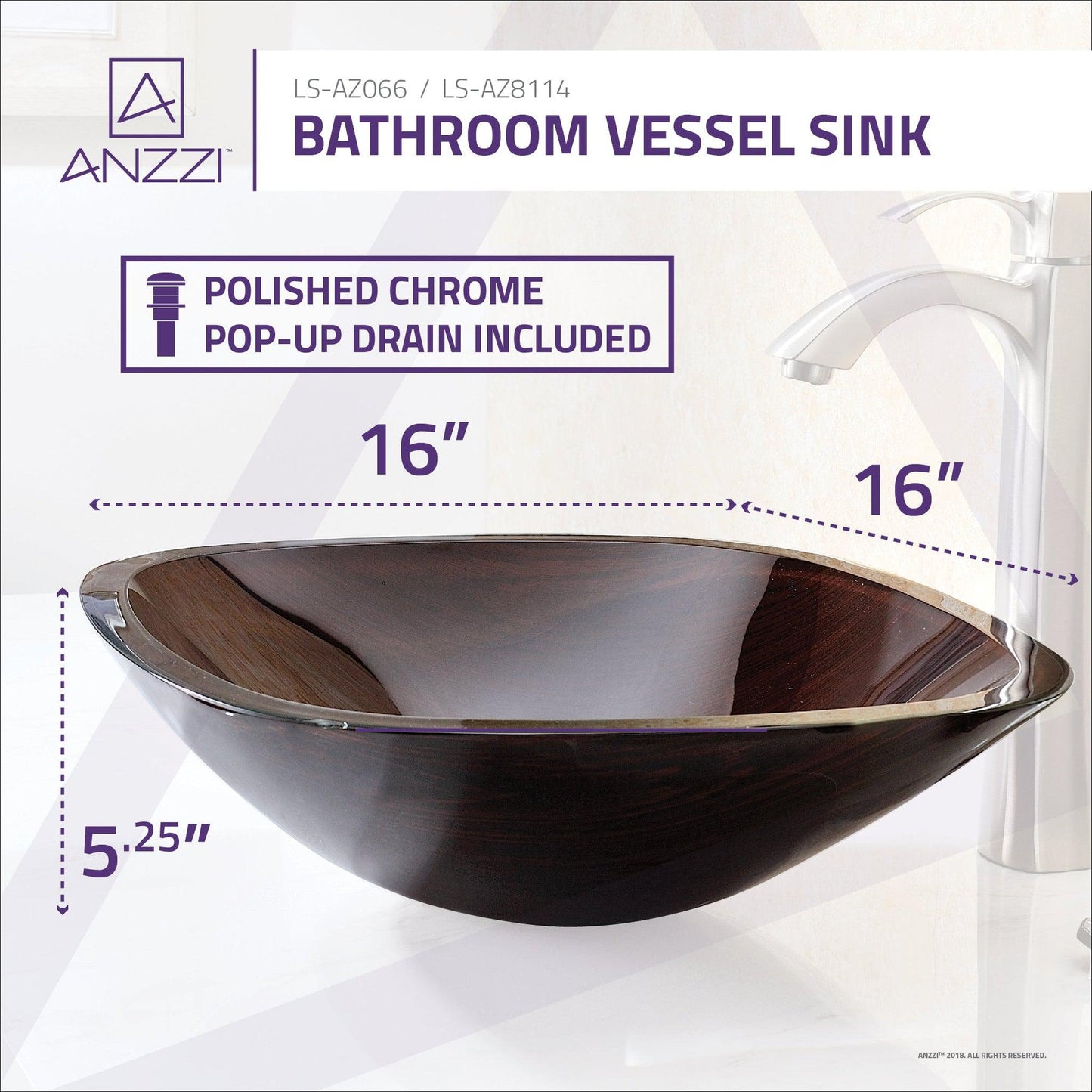 ANZZI Cansa Series 16" x 16" Square Shape Rich Timber Deco-Glass Vessel Sink With Polished Chrome Pop-Up Drain