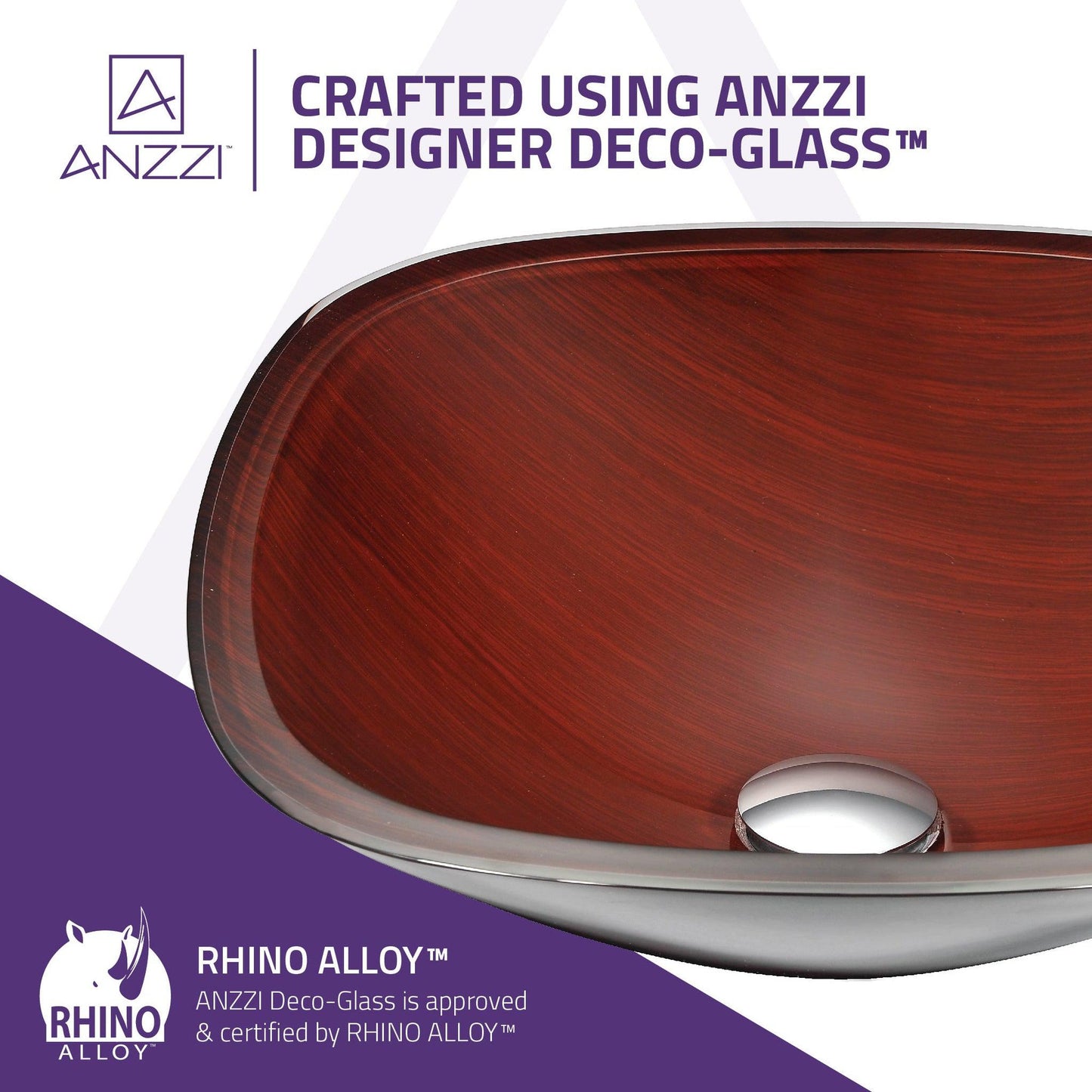 ANZZI Cansa Series 16" x 16" Square Shape Rich Timber Deco-Glass Vessel Sink With Polished Chrome Pop-Up Drain