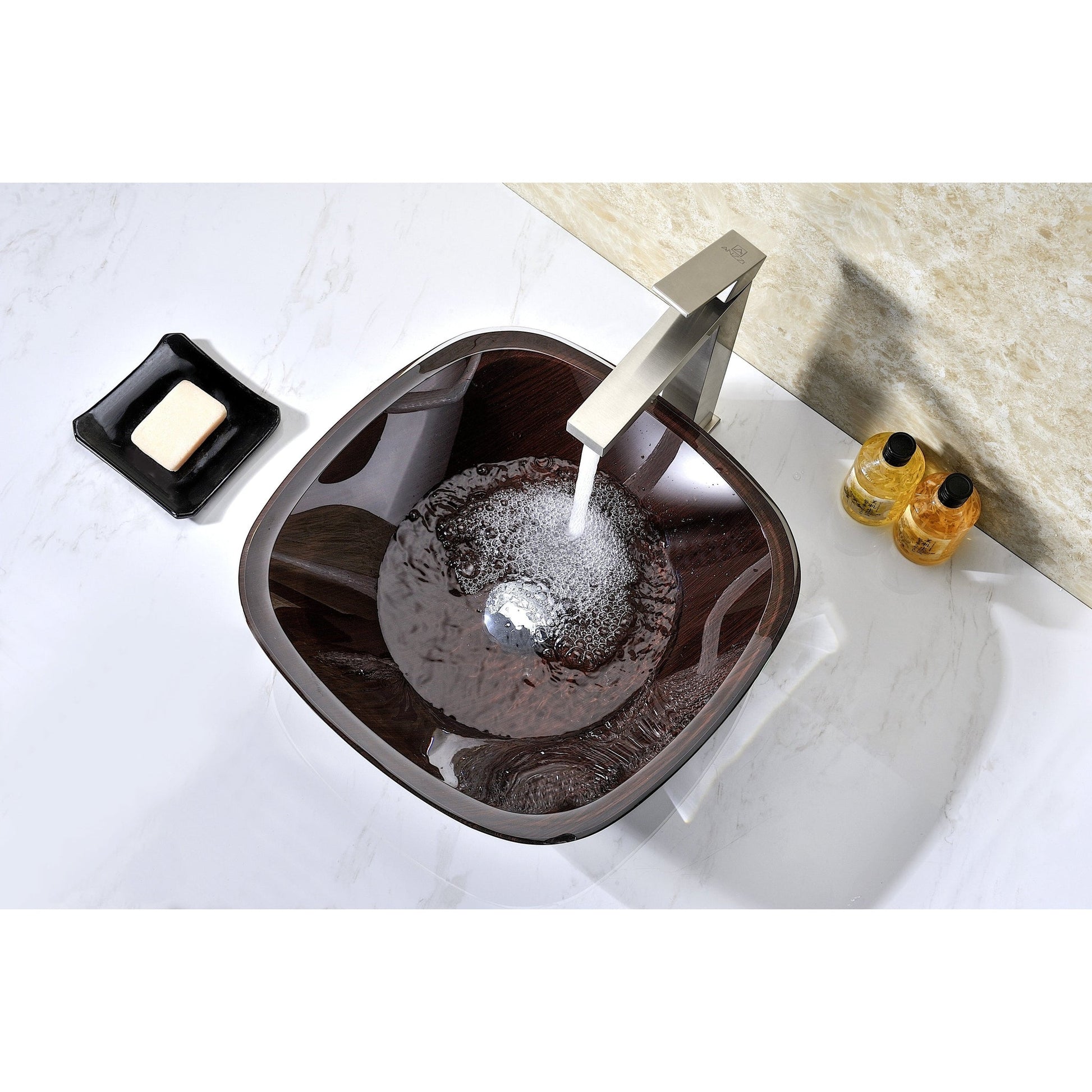 ANZZI Cansa Series 16" x 16" Square Shape Rich Timber Deco-Glass Vessel Sink With Polished Chrome Pop-Up Drain