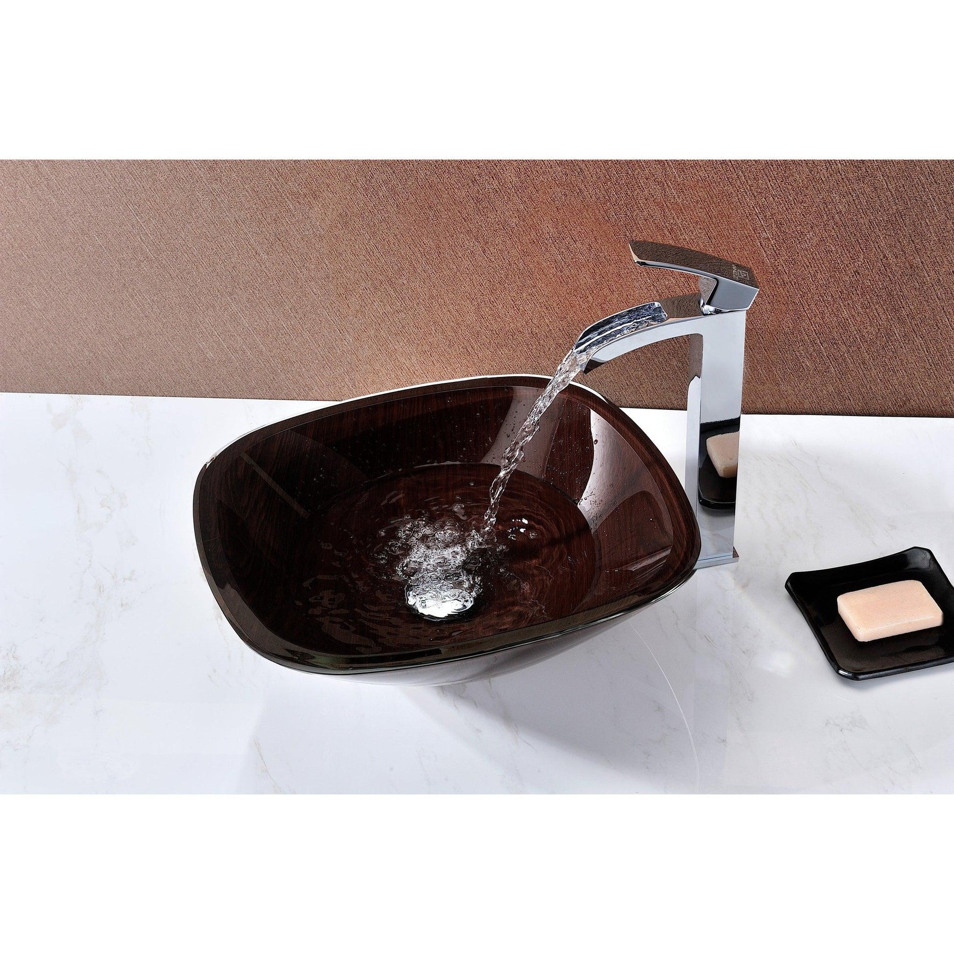 ANZZI Cansa Series 16" x 16" Square Shape Rich Timber Deco-Glass Vessel Sink With Polished Chrome Pop-Up Drain