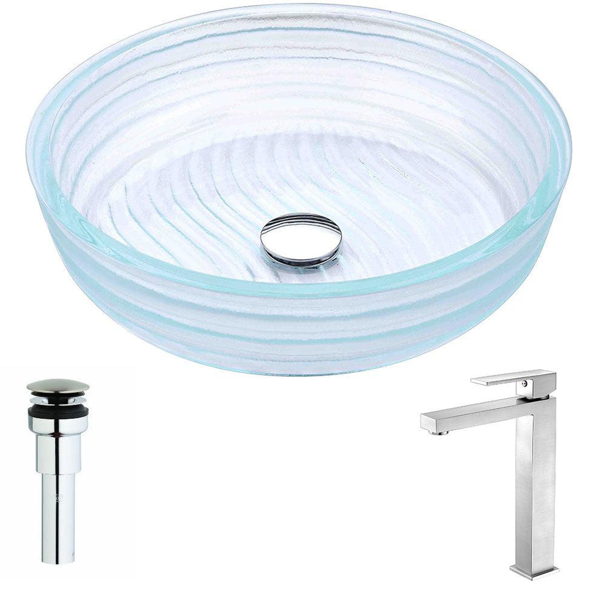 ANZZI Canta Series 17" x 17" Cylinder Shape Translucent Crystal Deco-Glass Vessel Sink With Chrome Pop-Up Drain and Brushed Nickel Enti Faucet