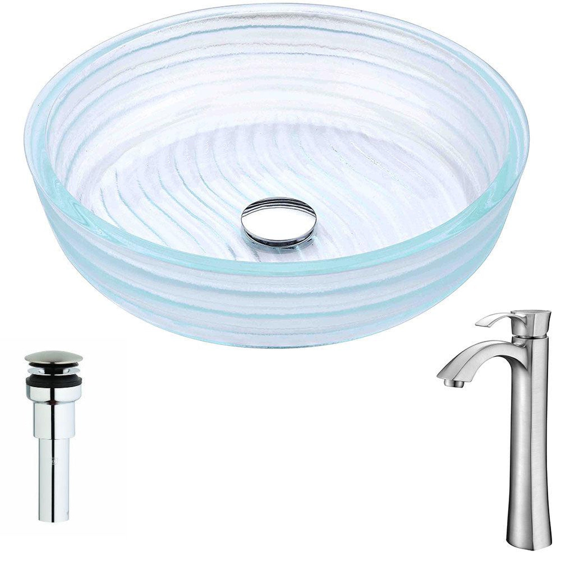 ANZZI Canta Series 17" x 17" Cylinder Shape Translucent Crystal Deco-Glass Vessel Sink With Chrome Pop-Up Drain and Brushed Nickel Fann Faucet
