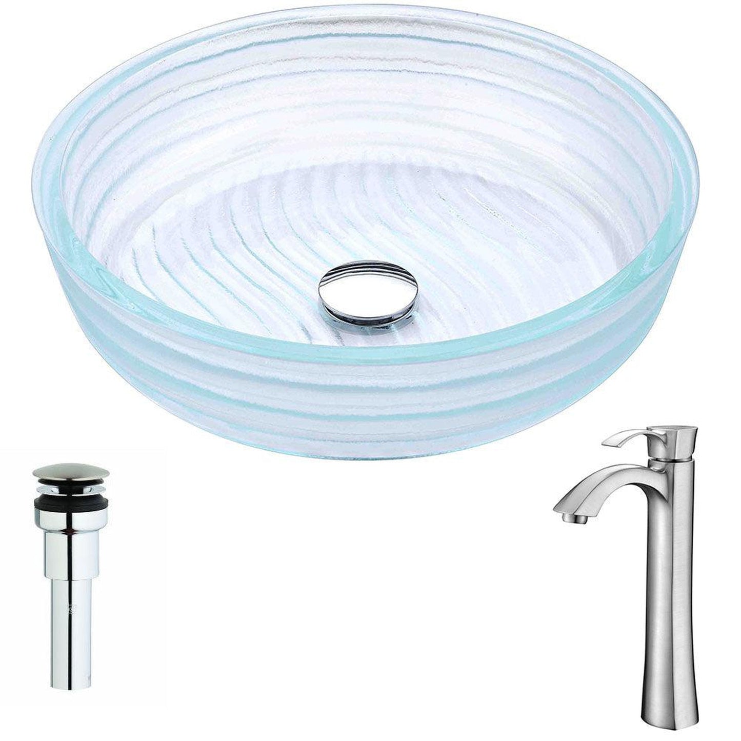ANZZI Canta Series 17" x 17" Cylinder Shape Translucent Crystal Deco-Glass Vessel Sink With Chrome Pop-Up Drain and Brushed Nickel Harmony Faucet