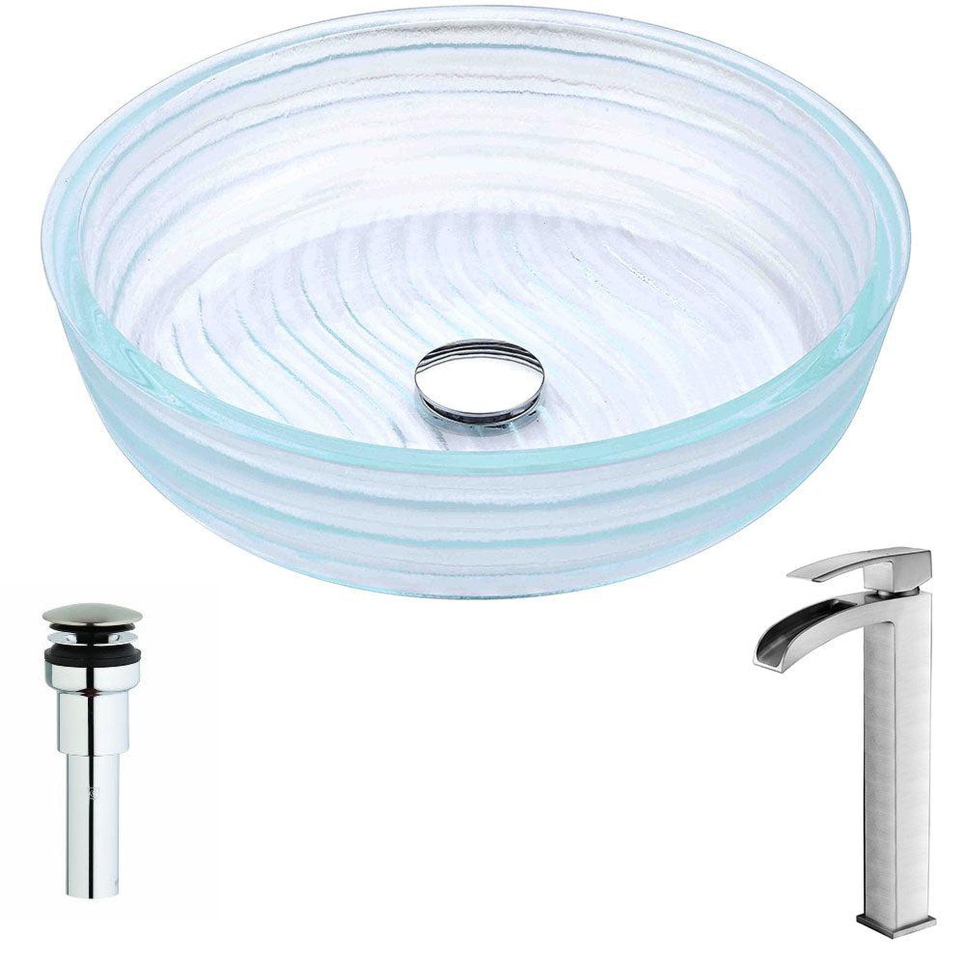 ANZZI Canta Series 17" x 17" Cylinder Shape Translucent Crystal Deco-Glass Vessel Sink With Chrome Pop-Up Drain and Brushed Nickel Key Faucet