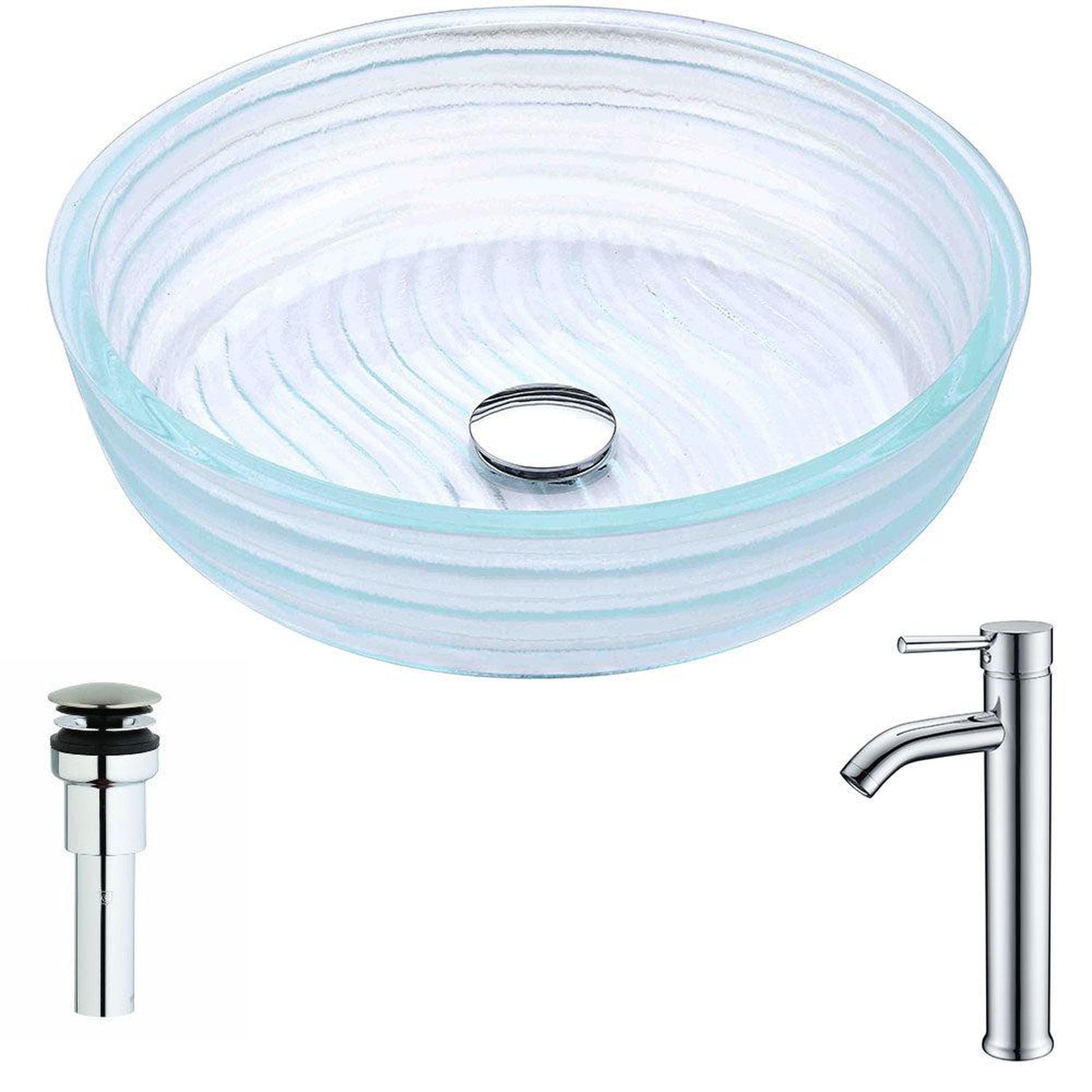 ANZZI Canta Series 17" x 17" Cylinder Shape Translucent Crystal Deco-Glass Vessel Sink With Chrome Pop-Up Drain and Fann Faucet