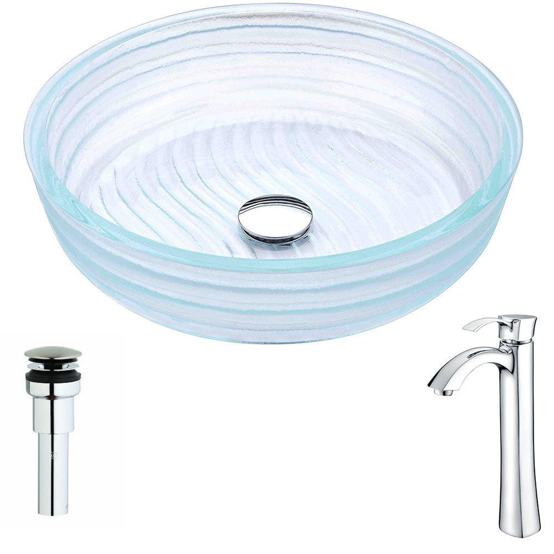 ANZZI Canta Series 17" x 17" Cylinder Shape Translucent Crystal Deco-Glass Vessel Sink With Chrome Pop-Up Drain and Harmony Faucet
