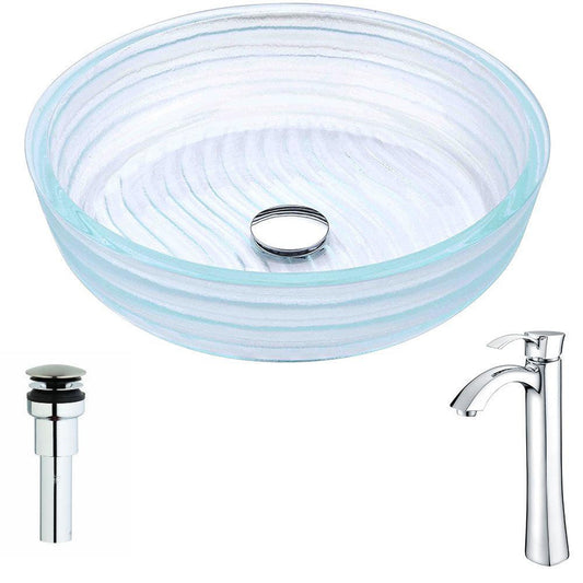 ANZZI Canta Series 17" x 17" Cylinder Shape Translucent Crystal Deco-Glass Vessel Sink With Chrome Pop-Up Drain and Harmony Faucet