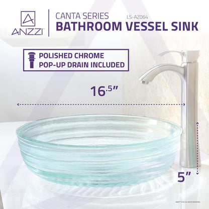 ANZZI Canta Series 17" x 17" Cylinder Shape Translucent Crystal Deco-Glass Vessel Sink With Polished Chrome Pop-Up Drain