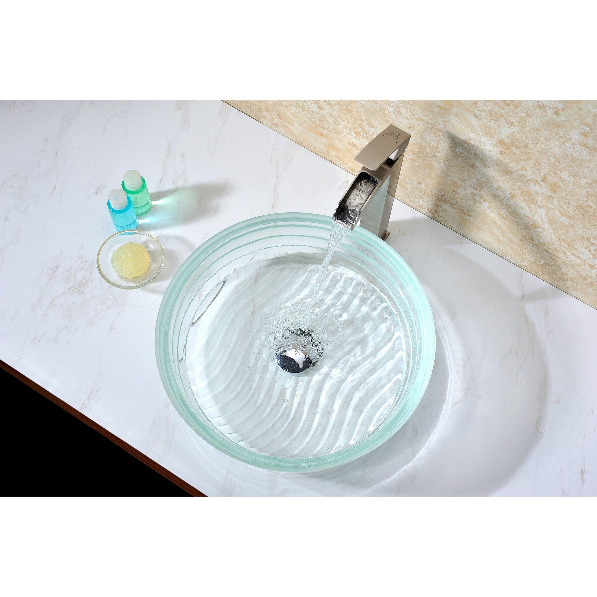 ANZZI Canta Series 17" x 17" Cylinder Shape Translucent Crystal Deco-Glass Vessel Sink With Polished Chrome Pop-Up Drain