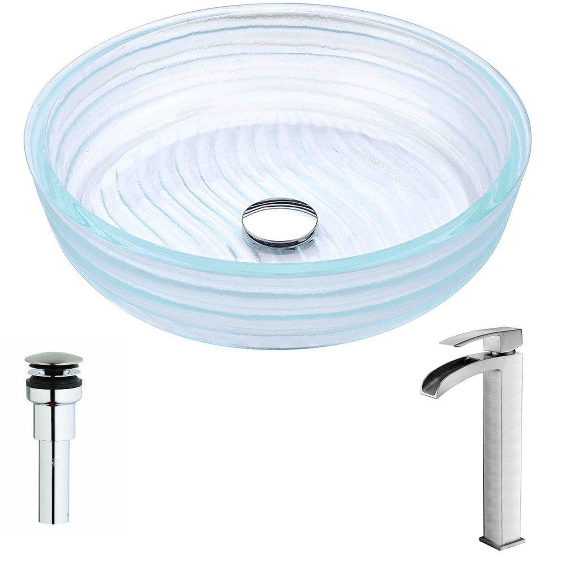 ANZZI Canta Series 17" x 17" Translucent Crystal Cylinder Shape Deco-Glass Vessel Sink With Chrome Pop-Up Drain and Key Faucet