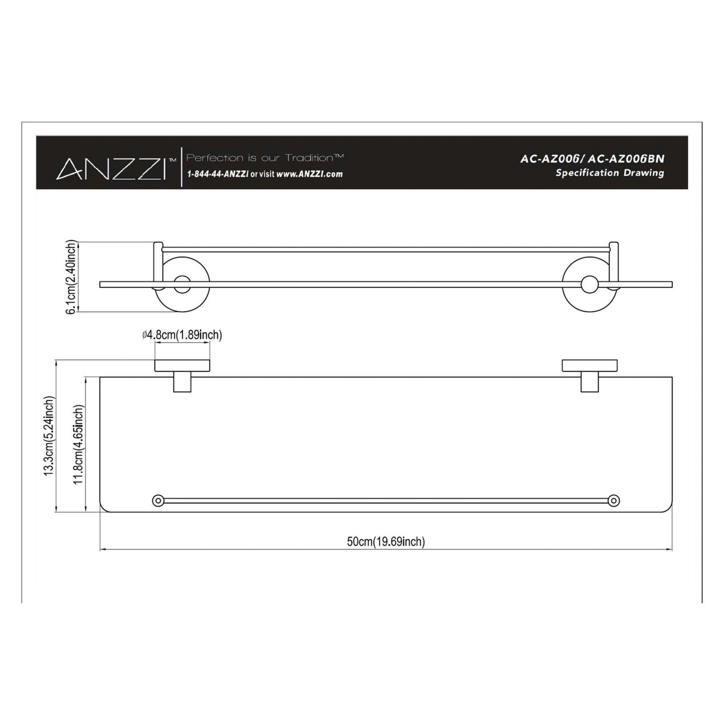 ANZZI Caster Series 19" Brushed Nickel Glass Shelf