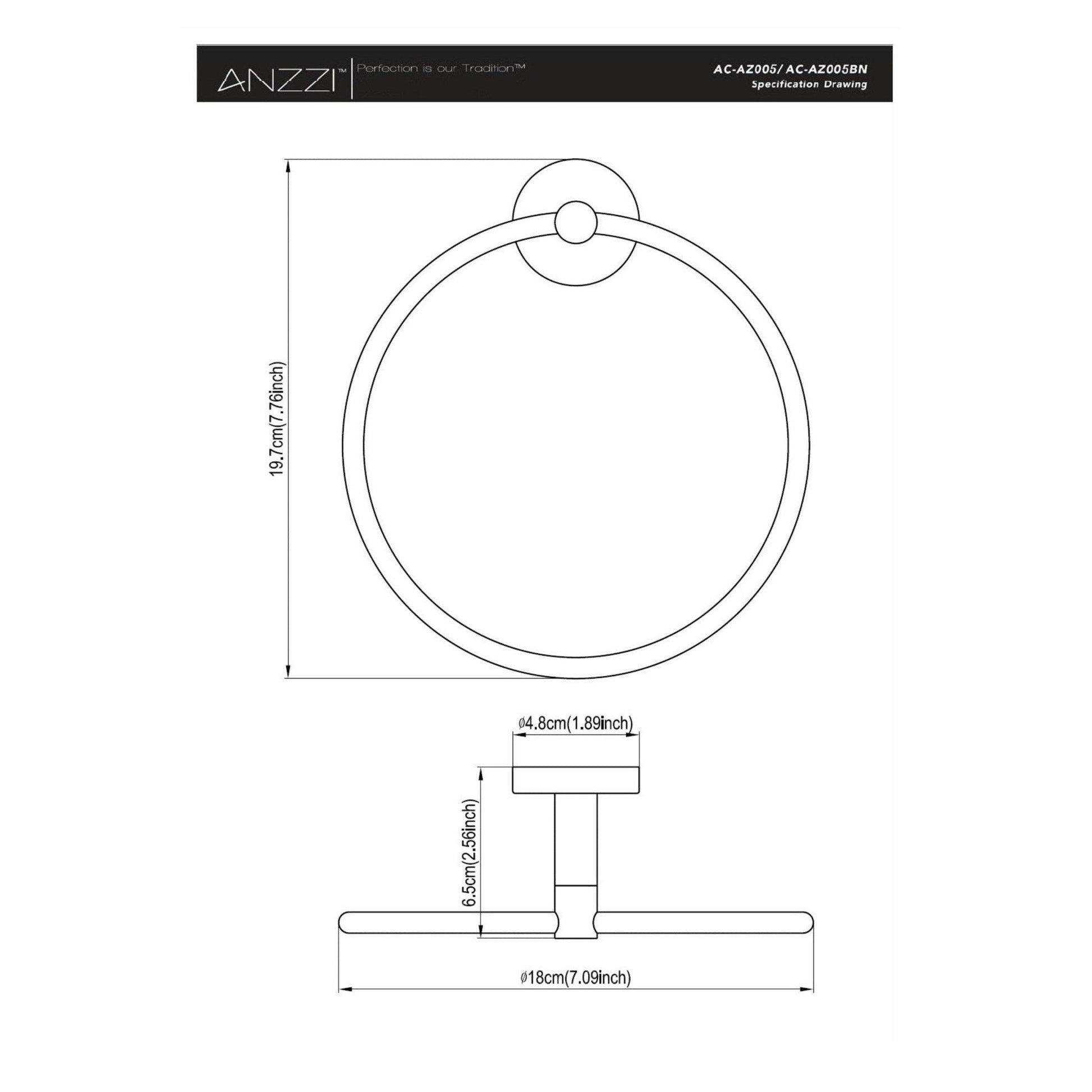 ANZZI Caster Series Wall-Mounted Brushed Nickel Single Towel Ring