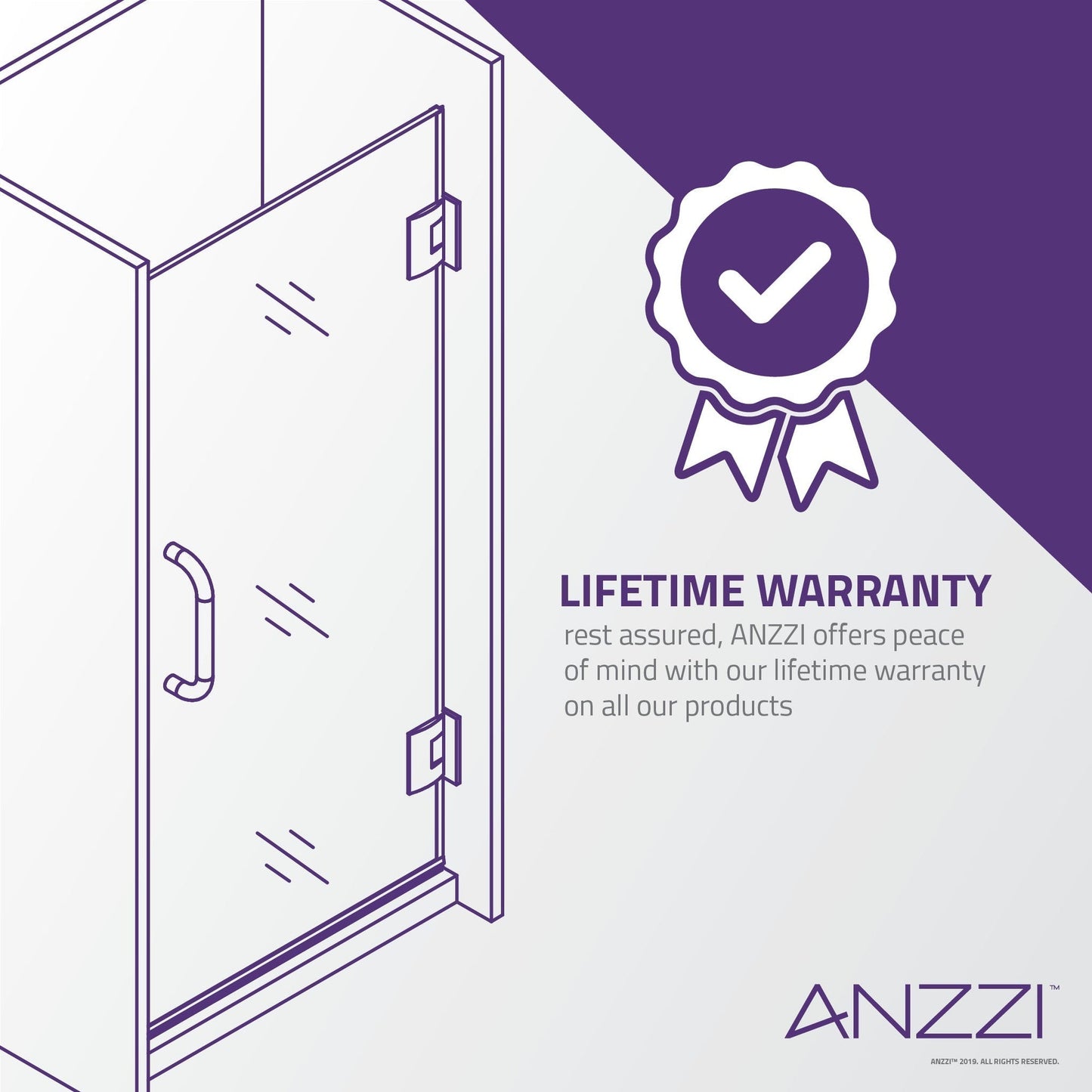 ANZZI Castle Series 49" x 72" Semi-Frameless Neo-Angle Brushed Nickel Hinged Shower Door With Handle and Tsunami Guard