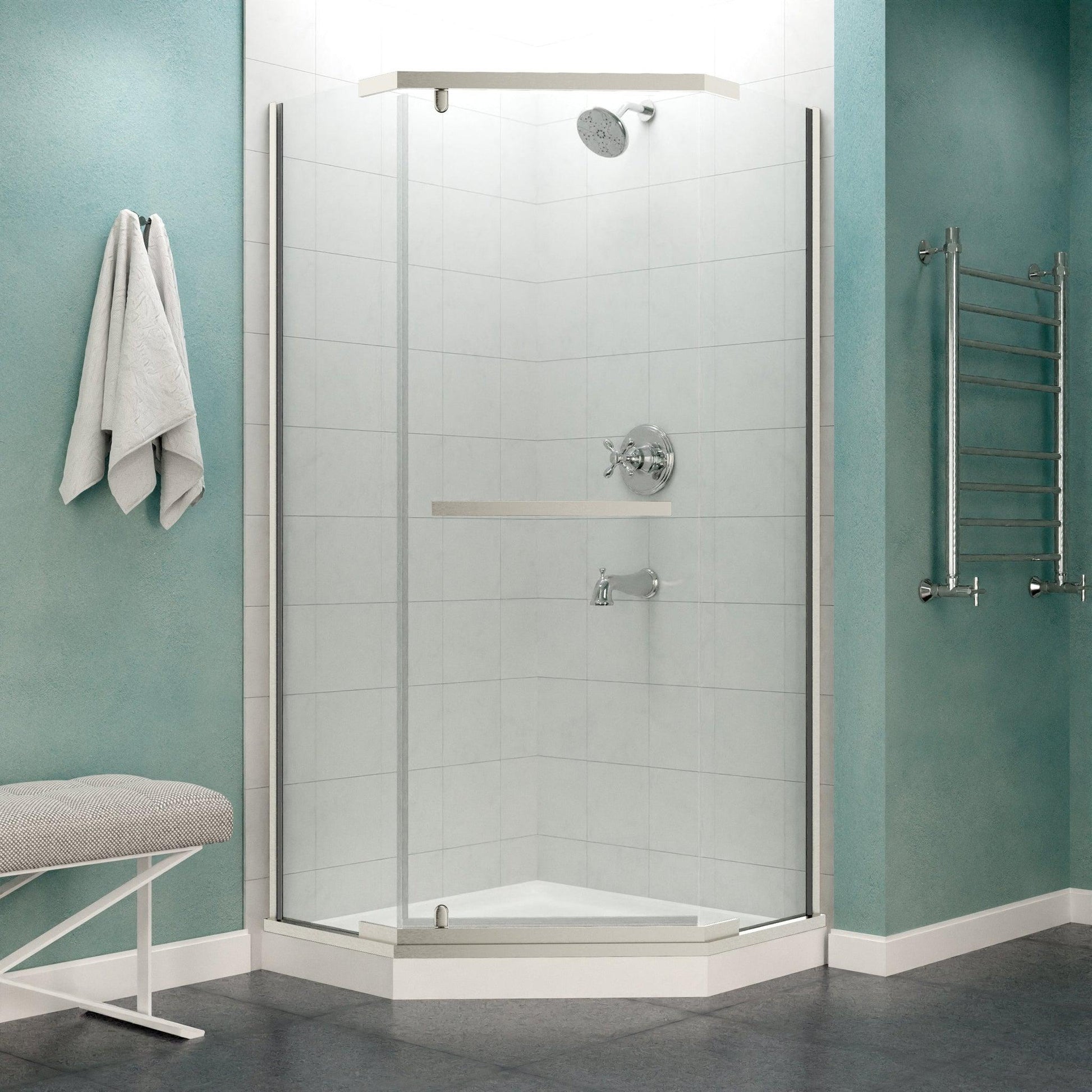 ANZZI Castle Series 49" x 72" Semi-Frameless Neo-Angle Brushed Nickel Hinged Shower Door With Handle and Tsunami Guard