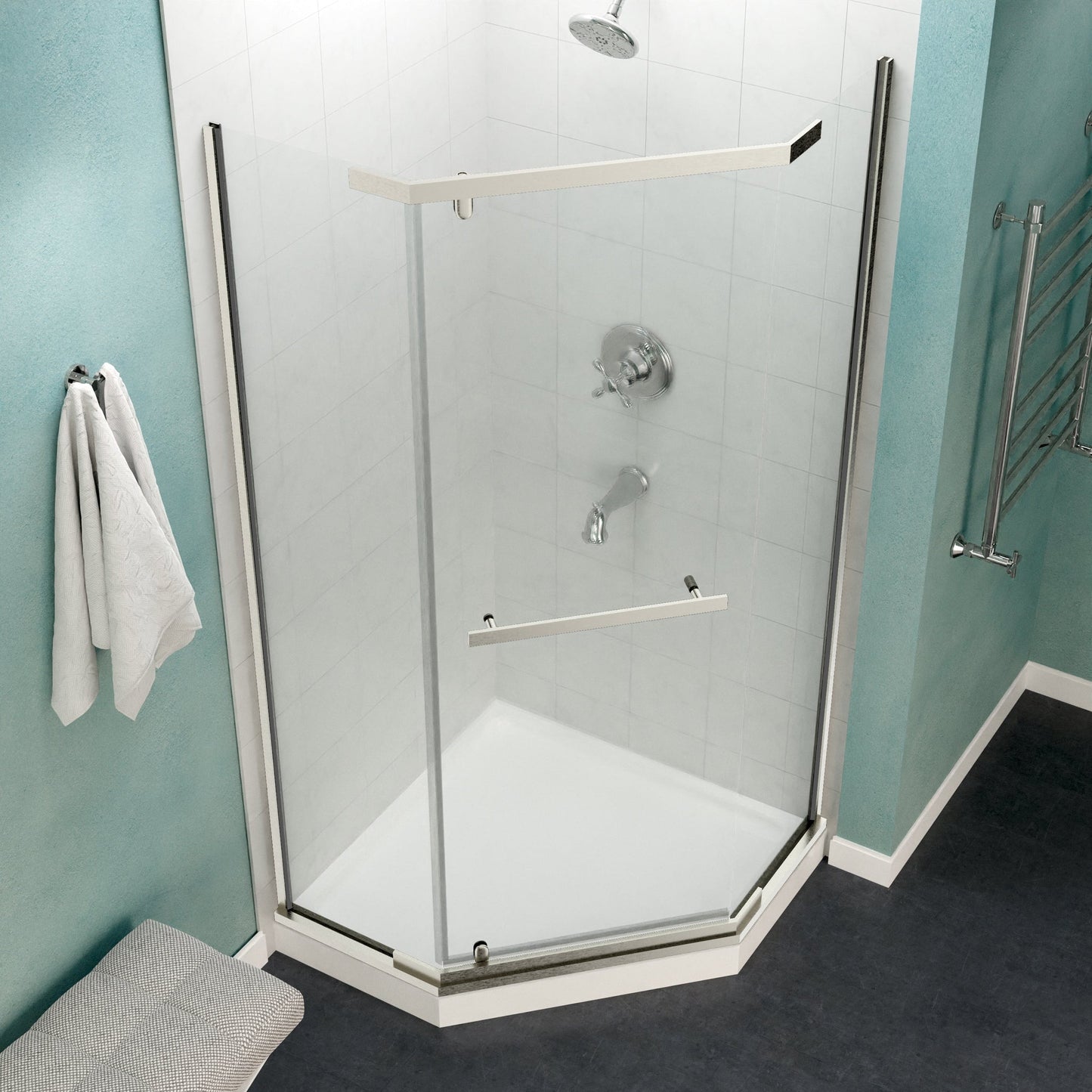 ANZZI Castle Series 49" x 72" Semi-Frameless Neo-Angle Brushed Nickel Hinged Shower Door With Handle and Tsunami Guard