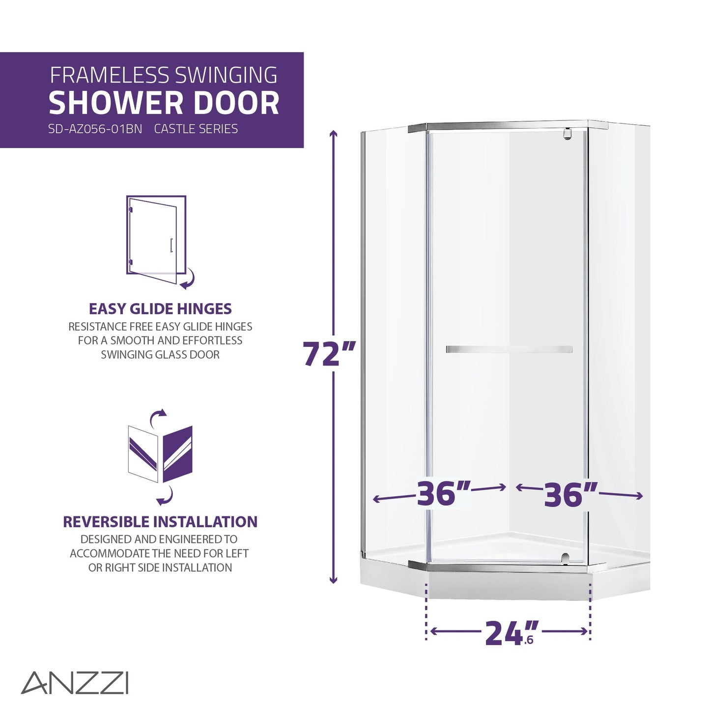ANZZI Castle Series 49" x 72" Semi-Frameless Neo-Angle Brushed Nickel Hinged Shower Door With Handle and Tsunami Guard