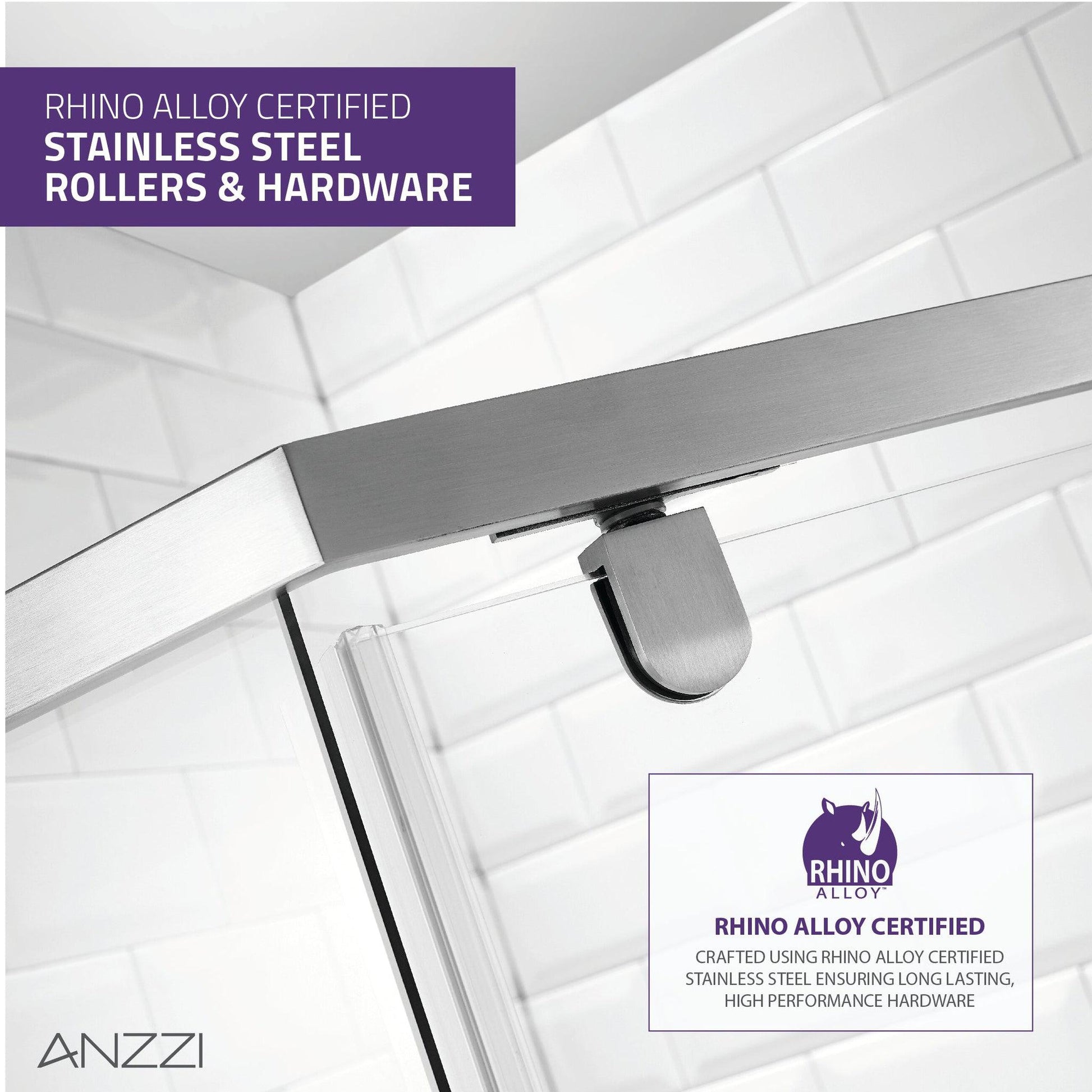 ANZZI Castle Series 49" x 72" Semi-Frameless Neo-Angle Brushed Nickel Hinged Shower Door With Handle and Tsunami Guard