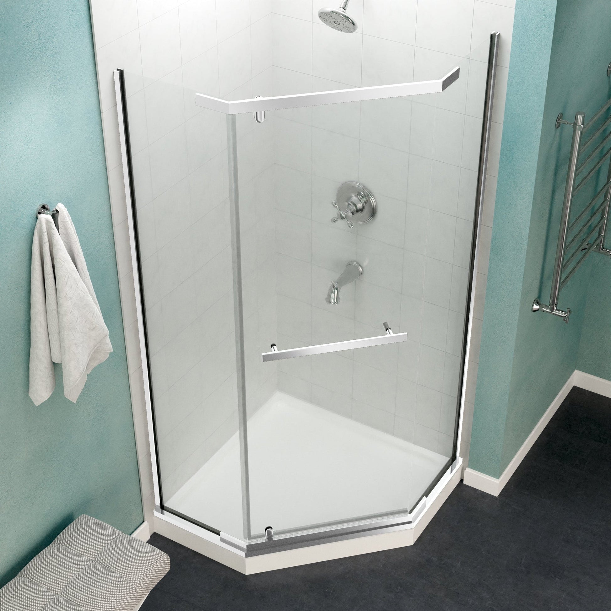 ANZZI Castle Series 49" x 72" Semi-Frameless Neo-Angle Polished Chrome Hinged Shower Door With Handle and Tsunami Guard
