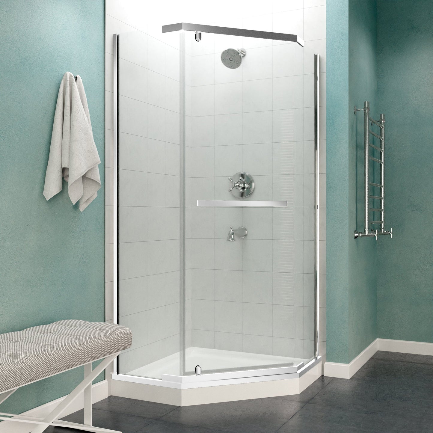 ANZZI Castle Series 49" x 72" Semi-Frameless Neo-Angle Polished Chrome Hinged Shower Door With Handle and Tsunami Guard