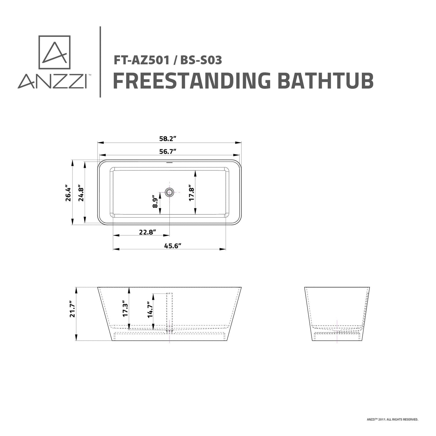 ANZZI Cenere Series 58" x 26" Freestanding Matte White Bathtub With Built-In Overflow