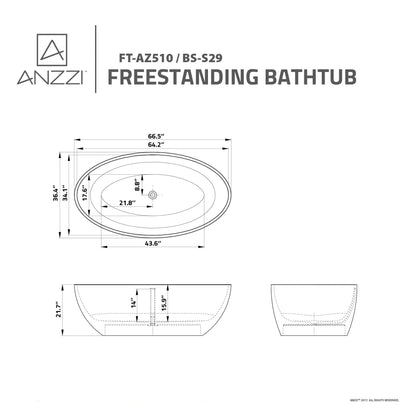 ANZZI Cestino Series 67" x 36" Freestanding Matte White Bathtub With Built-In Overflow