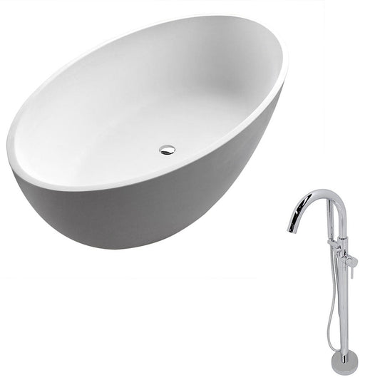 ANZZI Cestino Series 67" x 36" Freestanding Matte White Bathtub With Built-In Overflow, Pop Up Drain and Kros Bathtub Faucet